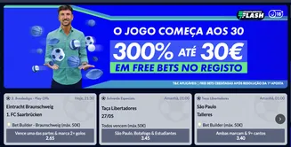 Promoção de boas-vindas Solverde com oferta de 300% até 30€ em free bets no registo.